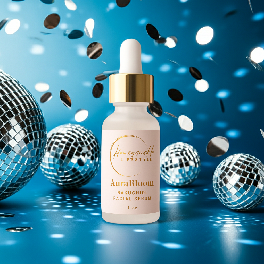 AuraBloom facial serum bottle with disco balls and confetti on a blue background