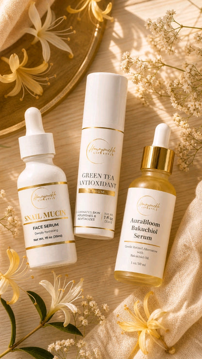 Skincare products with droppers on a wooden surface surrounded by flowers