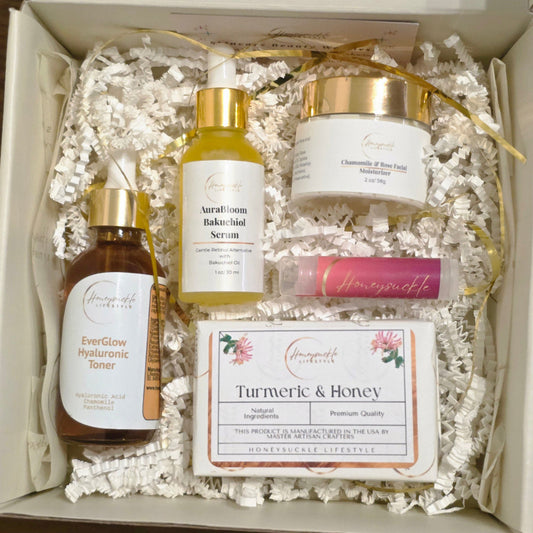 Skincare product set with bottles and packaging in a box