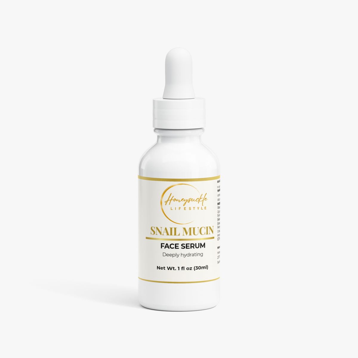 HoneySuckle Lifestyle snail mucin hydrating face serum with collagen, featuring a sleek bottle and dropper for facial skincare.