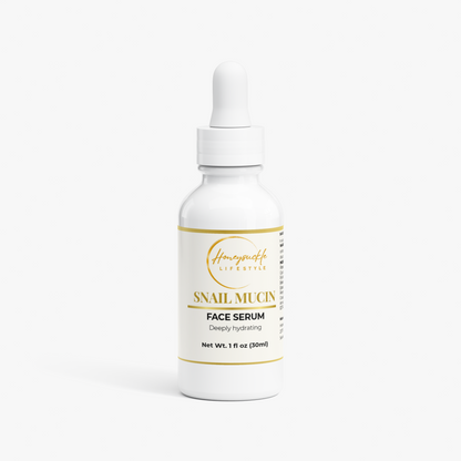 HoneySuckle Lifestyle snail mucin hydrating face serum with collagen, featuring a sleek bottle and dropper for facial skincare.