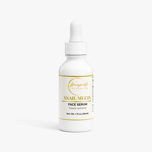HoneySuckle Lifestyle snail mucin hydrating face serum with collagen, featuring a sleek bottle and dropper for facial skincare.