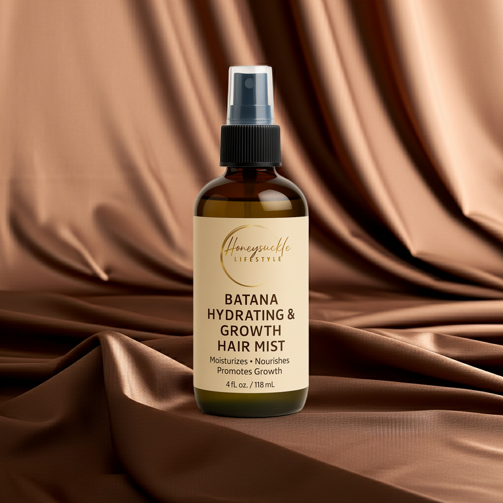 Bottle of Batana Hydrating & Growth Hair Mist on a brown fabric background