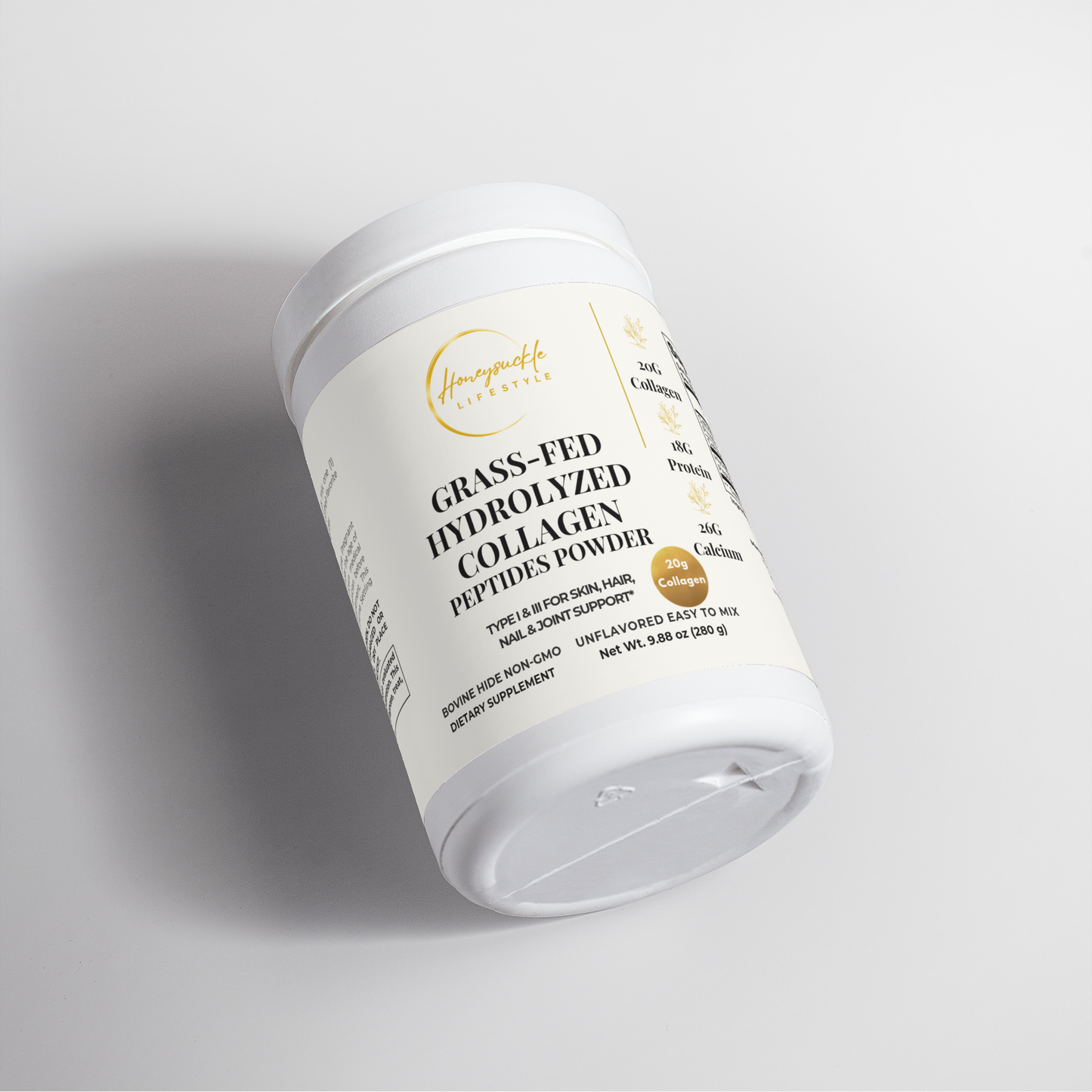 A white plastic tub of HoneySuckle Lifestyle Grass-Fed Hydrolyzed Collagen Peptides Powder, shown at an angle on a light gray background.