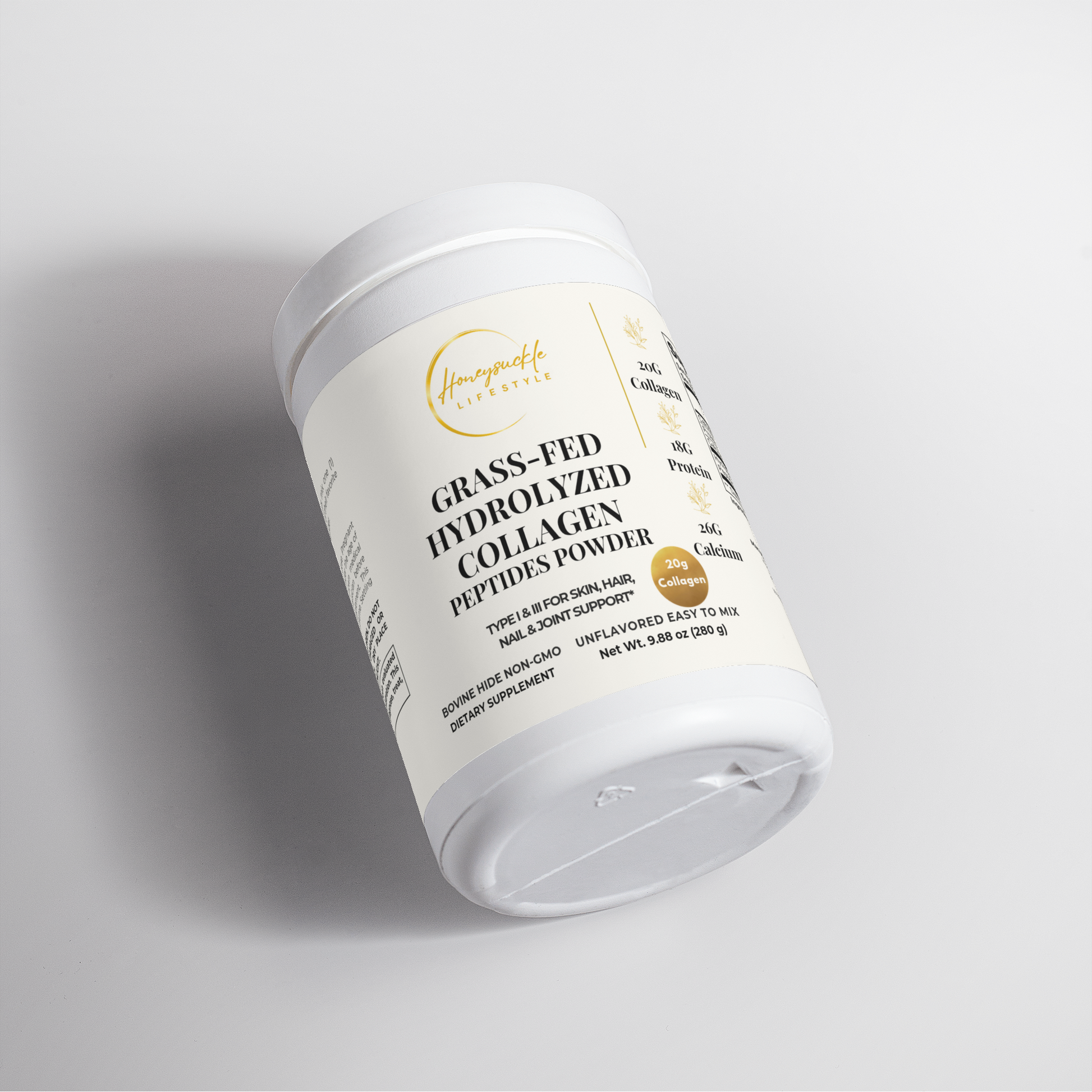 A white plastic tub of HoneySuckle Lifestyle Grass-Fed Hydrolyzed Collagen Peptides Powder, shown at an angle on a light gray background.