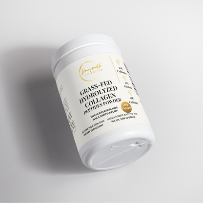 A white plastic tub of HoneySuckle Lifestyle Grass-Fed Hydrolyzed Collagen Peptides Powder, shown at an angle on a light gray background.