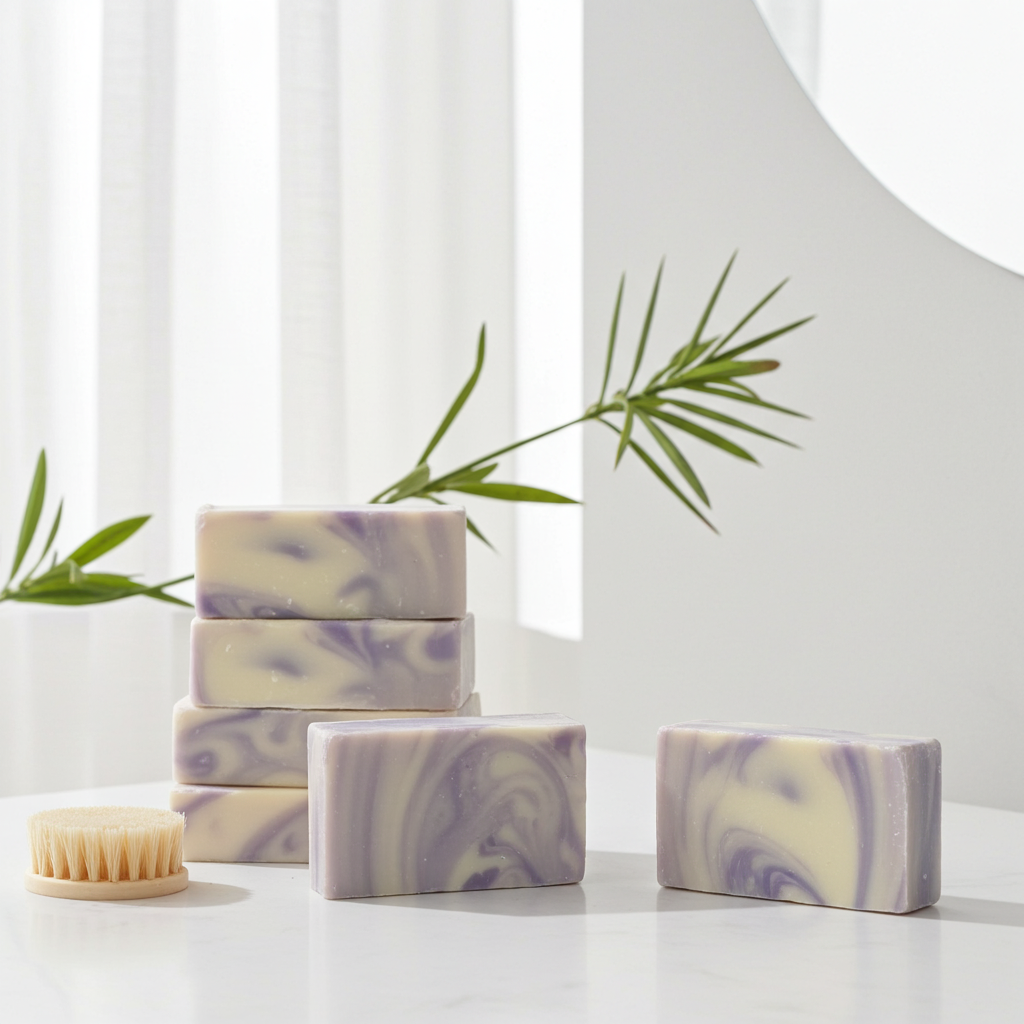 Stack of soap bars with a natural design on a white surface with green leaves in the background