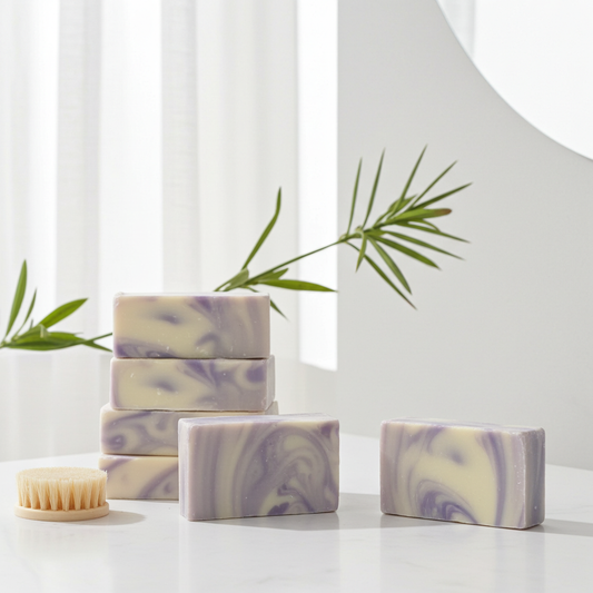 Stack of soap bars with a natural design on a white surface with green leaves in the background