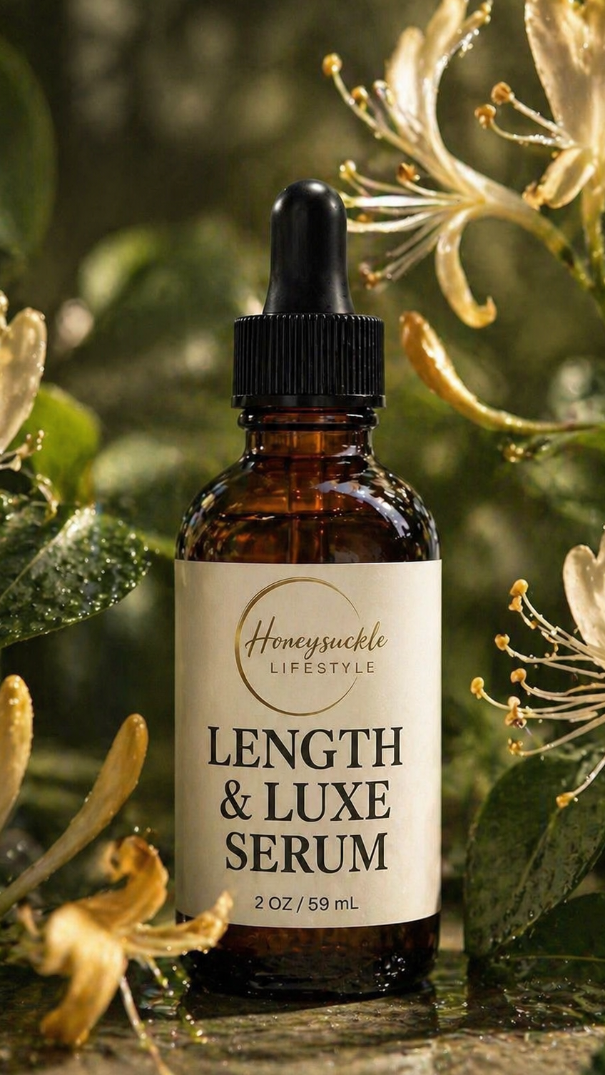 Bottle of 'Length & Luxe Serum' with a dropper on a background of honeysuckle flowers.