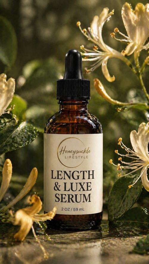 Bottle of 'Length & Luxe Serum' with a dropper on a background of honeysuckle flowers.