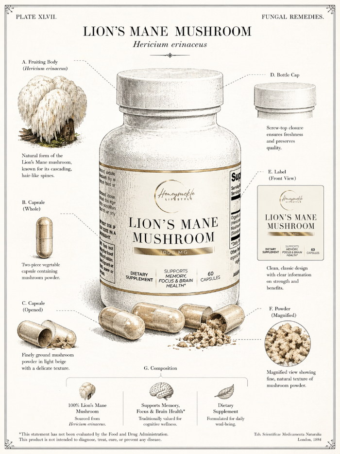 Lion's Mane Mushroom supplement bottle with capsules and powder on a labeled diagram background.