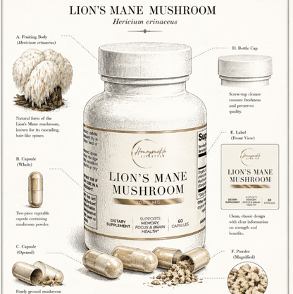 Lion's Mane Mushroom supplement bottle with capsules and powder on a labeled diagram background.