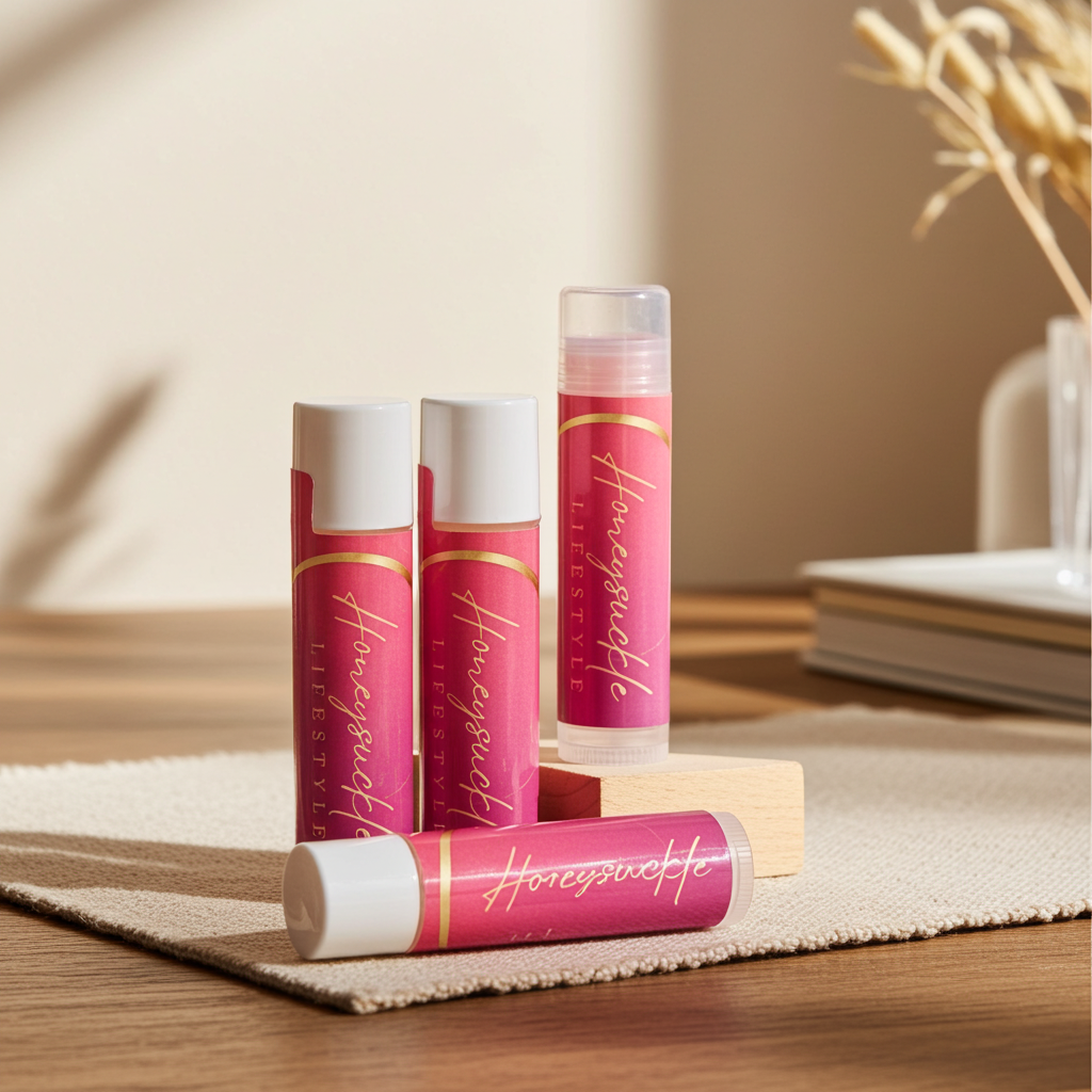 Pink lip balm tubes with 'honeyandle' branding on a wooden surface.