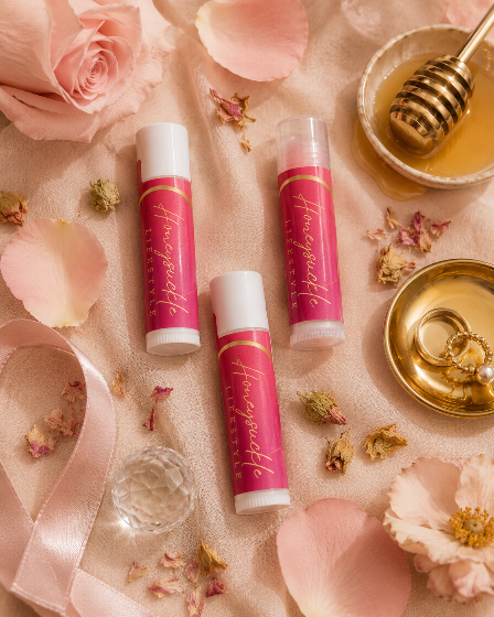 Three pink lip balms on a decorative surface with flowers and honeycomb.