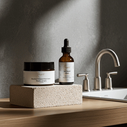 Skincare products on a stone block with a sink and faucet in the background