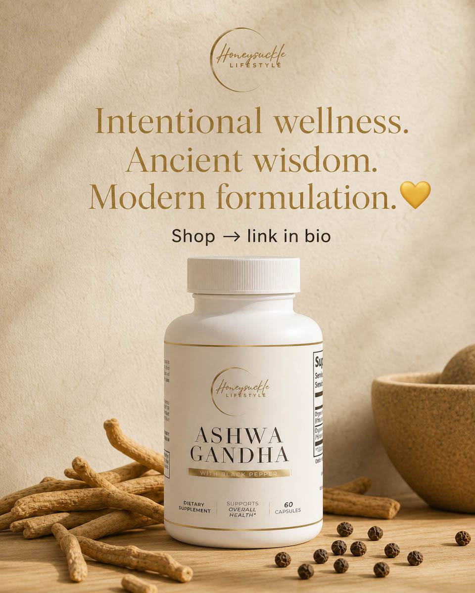 Honeysuckle Lifestyle Ashwagandha supplement bottle with roots and seeds on a wooden surface.