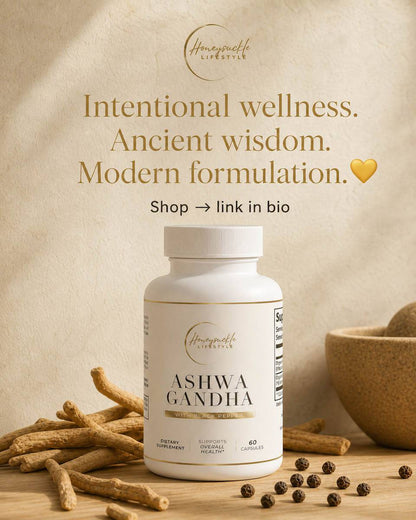 Honeysuckle Lifestyle Ashwagandha supplement bottle with roots and seeds on a wooden surface.