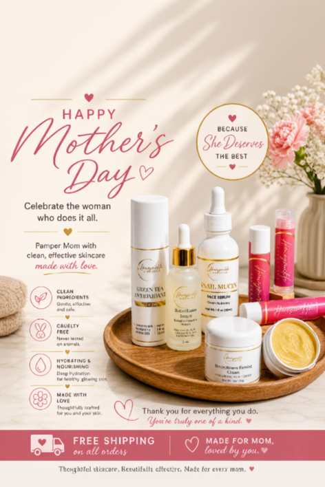 Collection of skincare products on a wooden tray with Mother's Day message and promotional text.