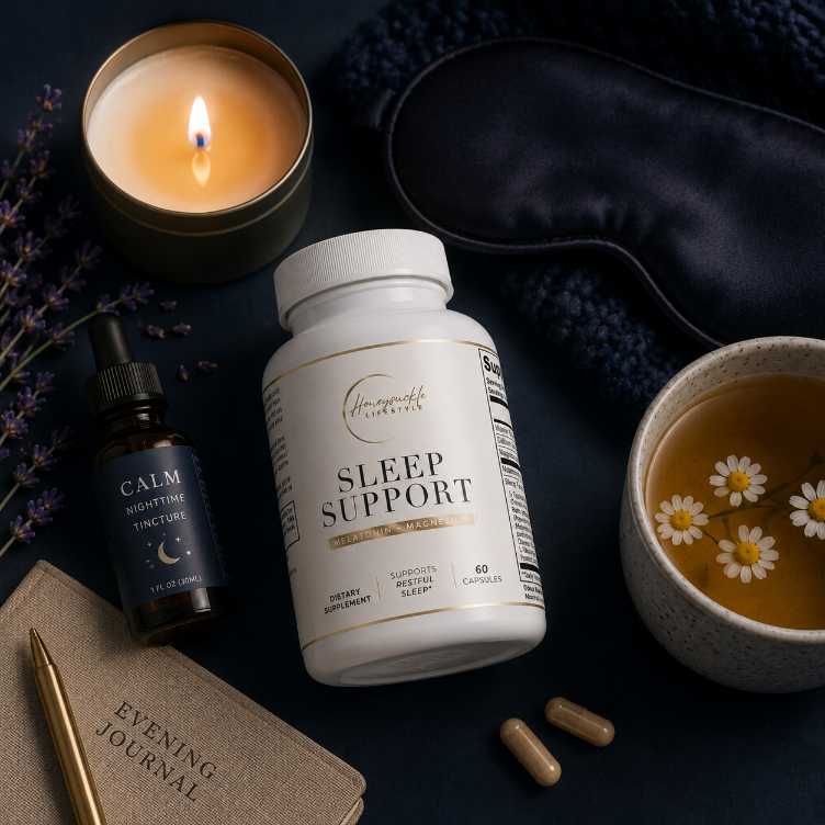 Sleep support product with a candle, eye mask, and tea on a dark surface