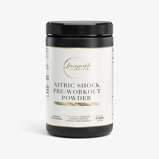 A black tub of HoneySuckle Lifestyle Nitric Shock Pre-Workout Powder with a white label and black lid, set against a white background.