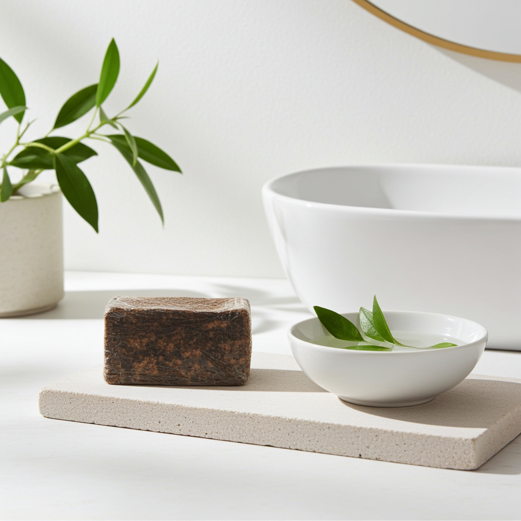 Bar of soap on a stone tray with a bowl and plant in the background