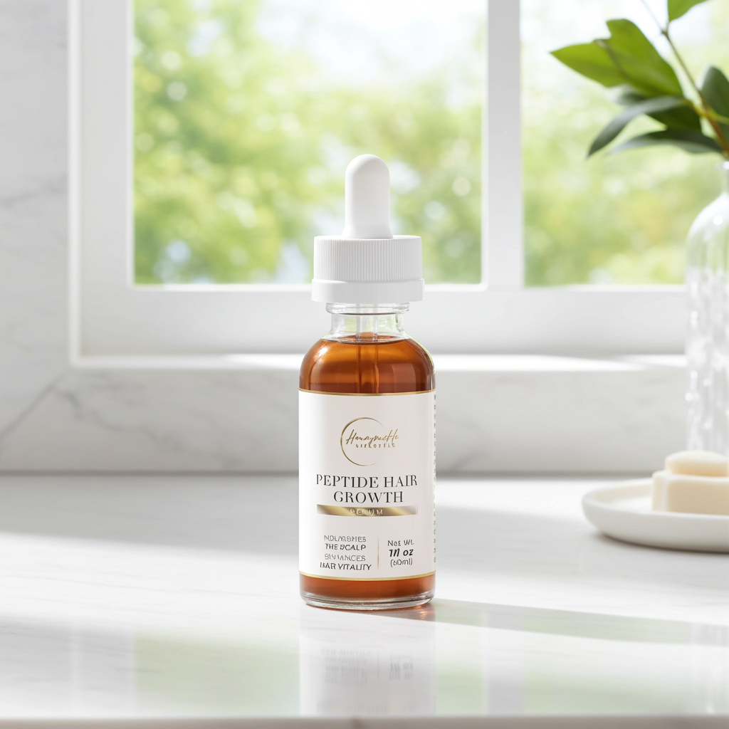 Bottle of peptide hair growth serum on a windowsill with natural light