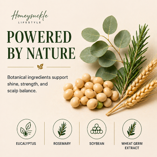 Honeysuckle Lifestyle botanical ingredients with eucalyptus, rosemary, soybean, and wheat germ extract on a beige background.