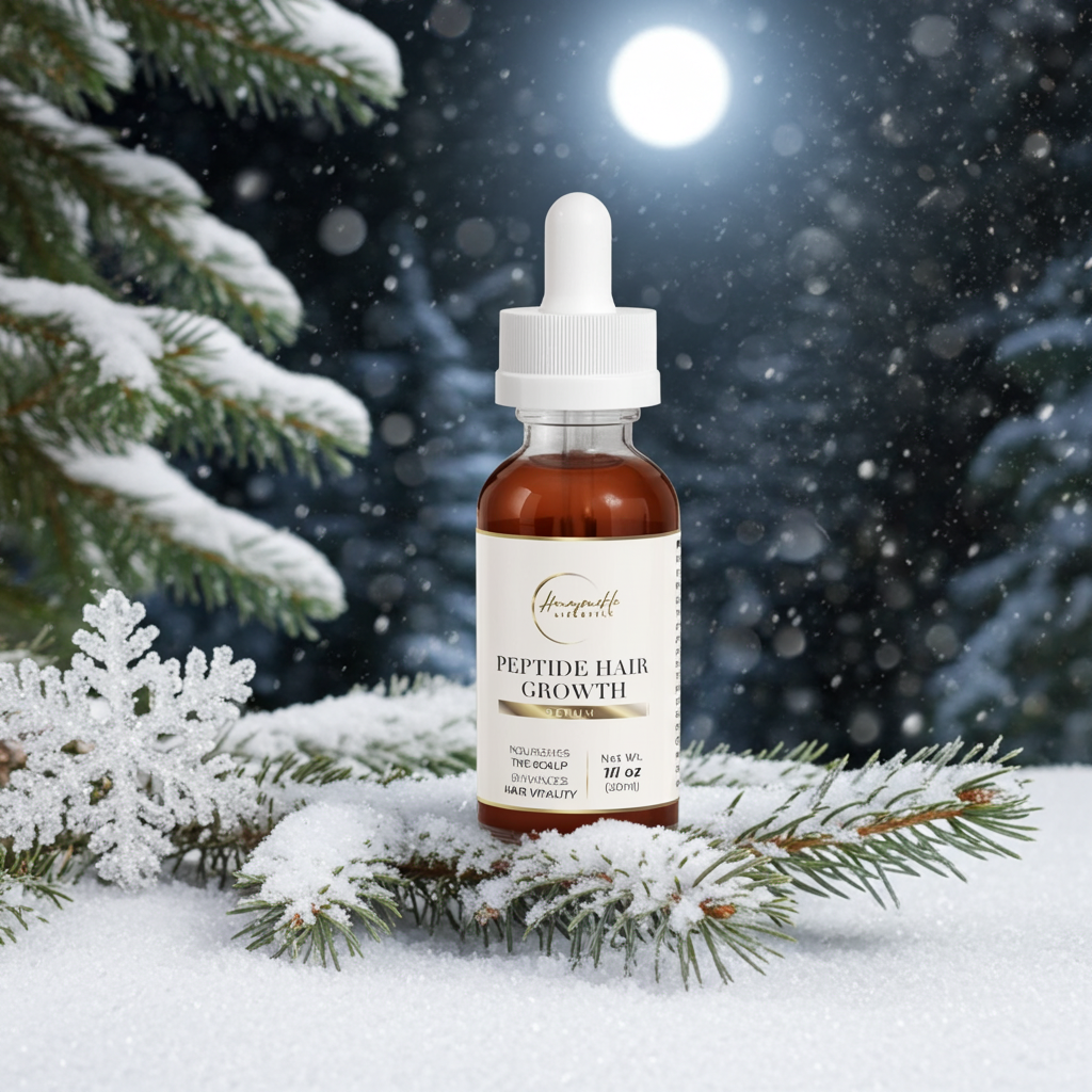 Bottle of peptide hair growth serum with a snowy background