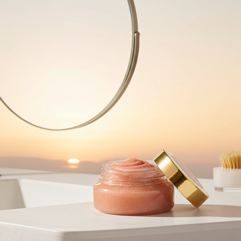 Pink salt scrub in a clear jar with gold cap on a white surface with a blurred background