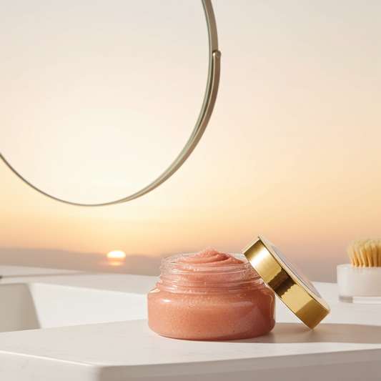 Pink salt scrub in a clear jar with gold cap on a white surface with a blurred background