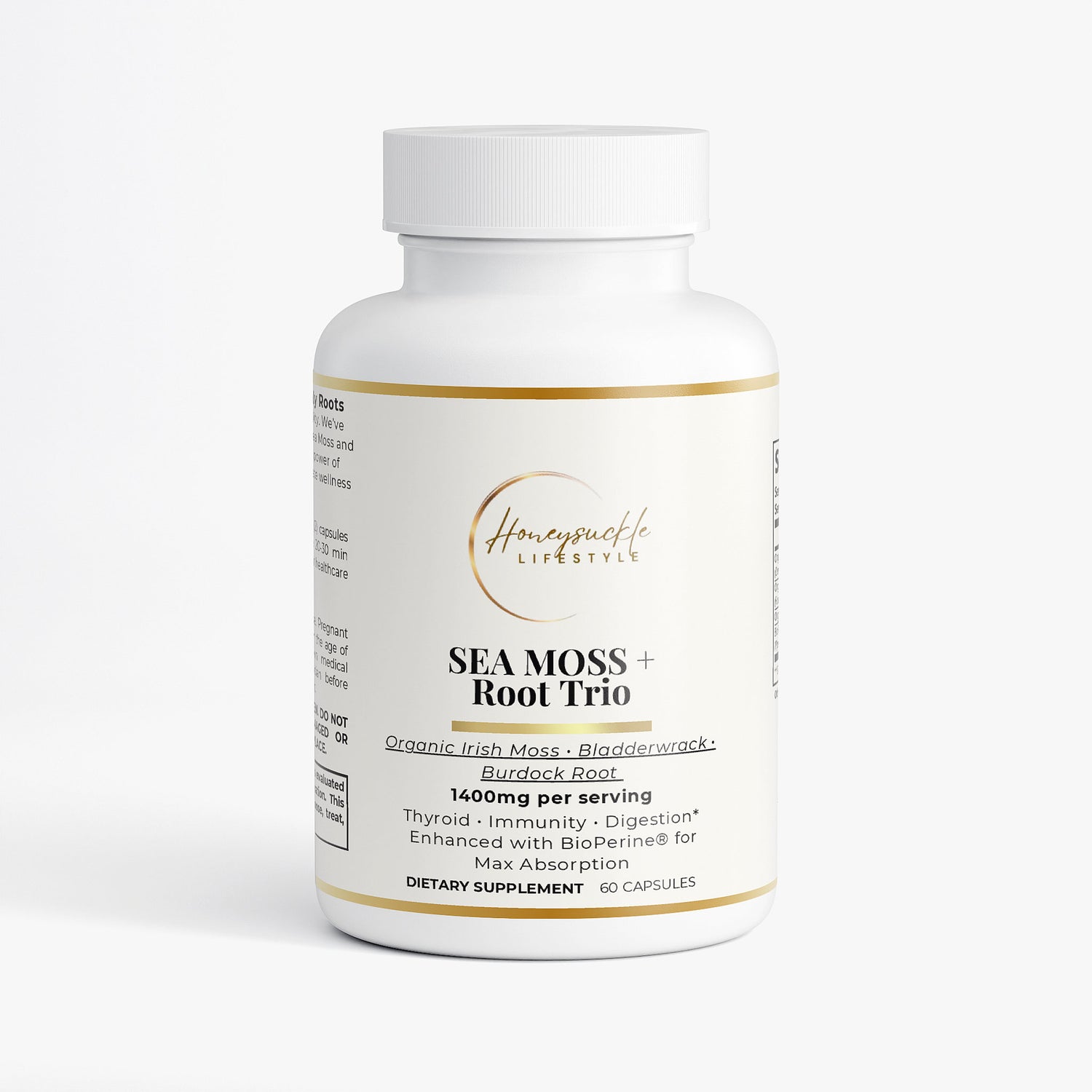 Supplement bottle labeled 'Sea Moss + Root Trio' by Honeysuckle Lifestyle on a white background