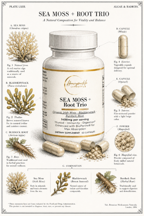 Supplement bottle labeled 'Sea Moss + Root Trio' with illustrations of sea moss, bladderwrack, and burdock root on a white background.