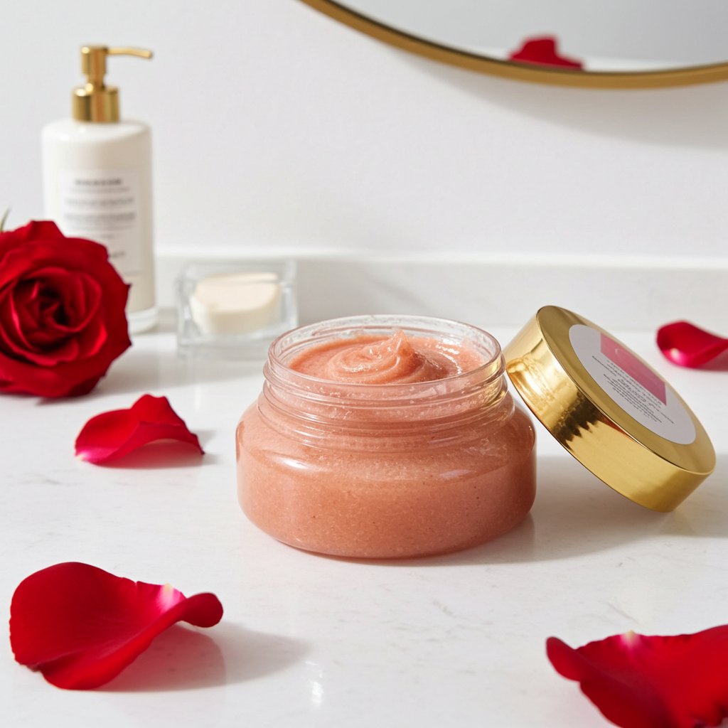 Cosmetic jar with pink cream, red rose petals, and a mirror on a white surface