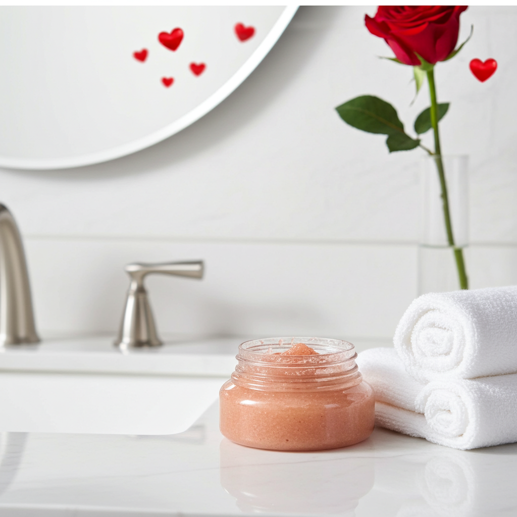 Jar of peach-colored cream on a bathroom counter with a red rose and white towels in the background.