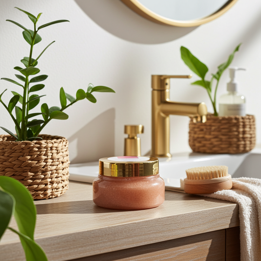 Bathroom counter with a jar, brush, and plants on a wooden surface.
