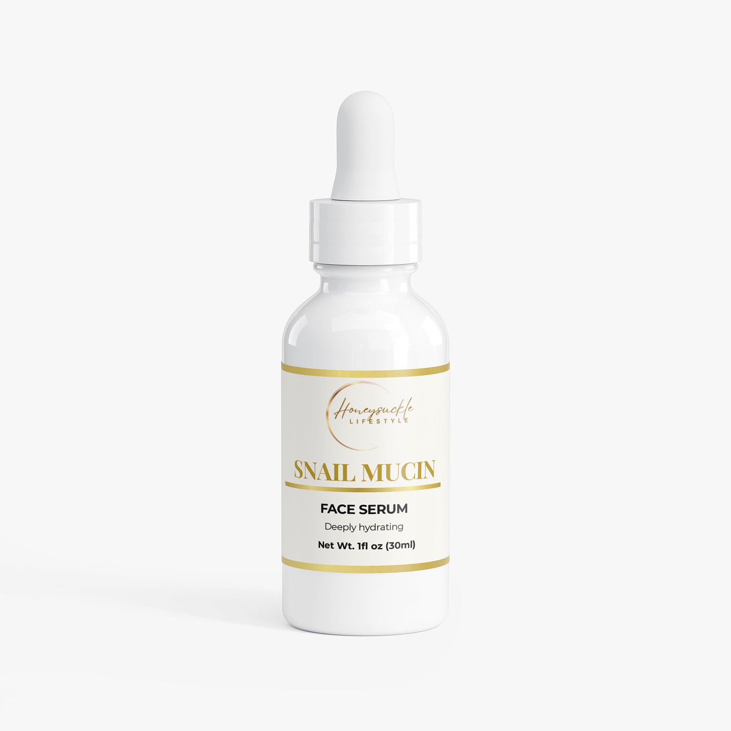 Snail mucin face serum bottle with dropper on a white background