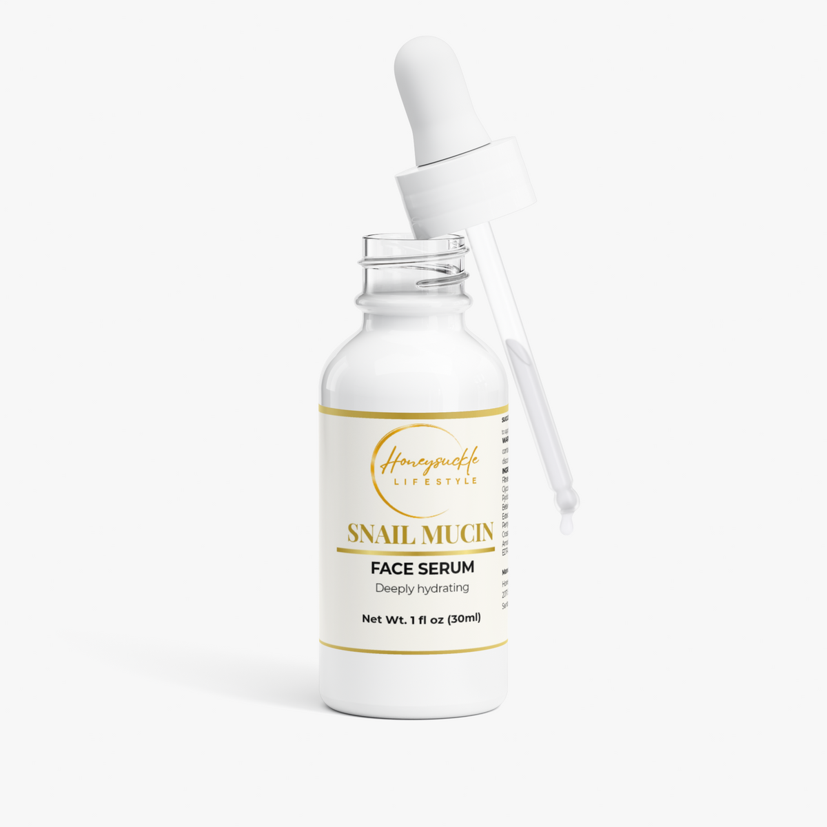 HoneySuckle Lifestyle snail mucin hydrating face serum with collagen, showing the serum bottle with a pump dispenser and clear label.