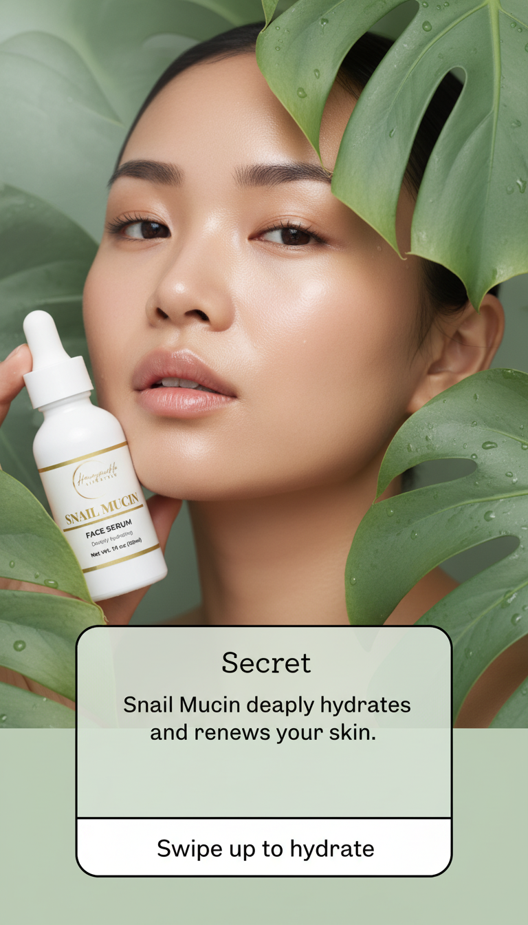 Woman holding a skincare bottle with green leaves in the background