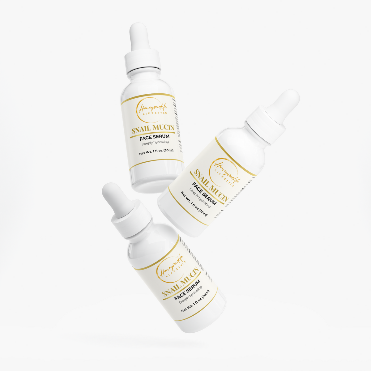 HoneySuckle Lifestyle snail mucin hydrating face serum with collagen, showcasing the serum bottle with a clear label and dropper.