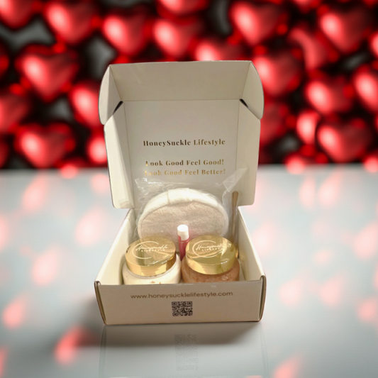 Product set in a box with 'Honeysuckle Lifestyle' branding against a heart-patterned background.