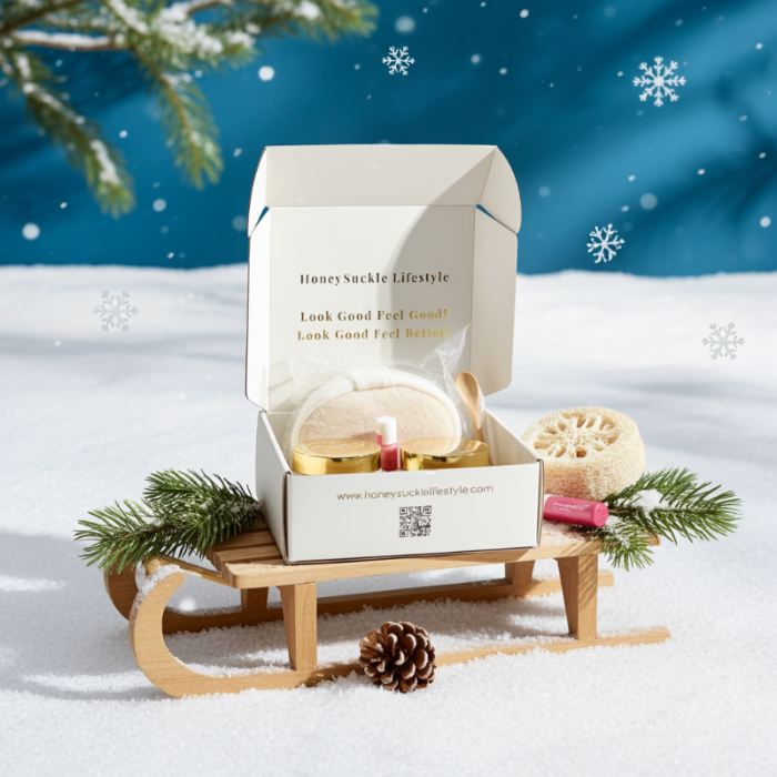 Cosmetic set on a small wooden sled with a snowy background