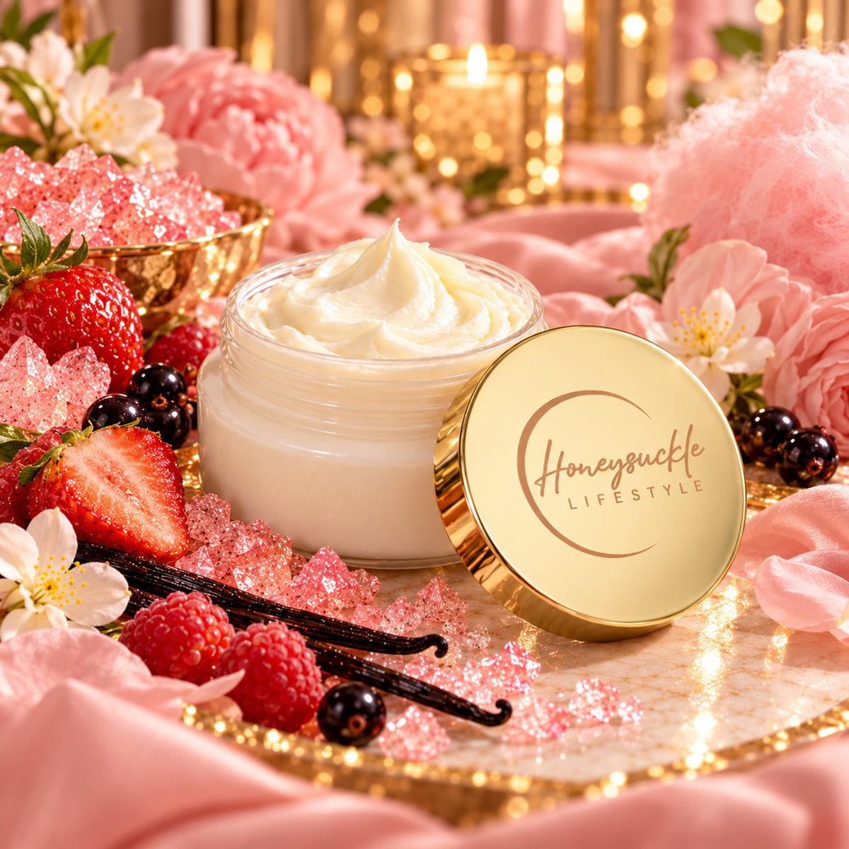 Creamy whipped body butter from HoneySuckle Lifestyle, showcasing smooth, luxurious moisturizer in a jar with soft texture.