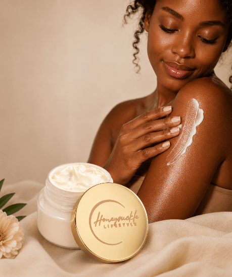 Woman applying cream to her arm with a jar of HoneySuckle Lifestyle cream on a beige background