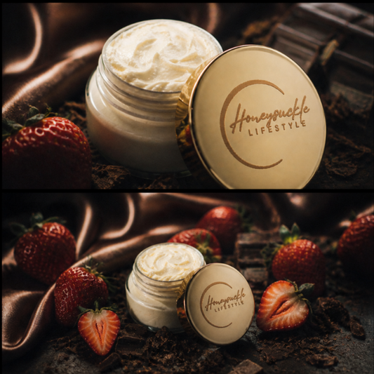 Sweet Seduction Body Butter with strawberries and chocolates engulfing it