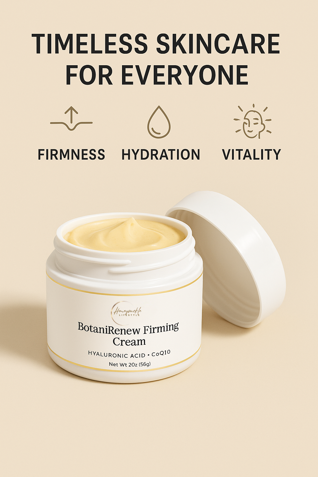 Jar of BotaniRenew Firming Cream with text on a beige background