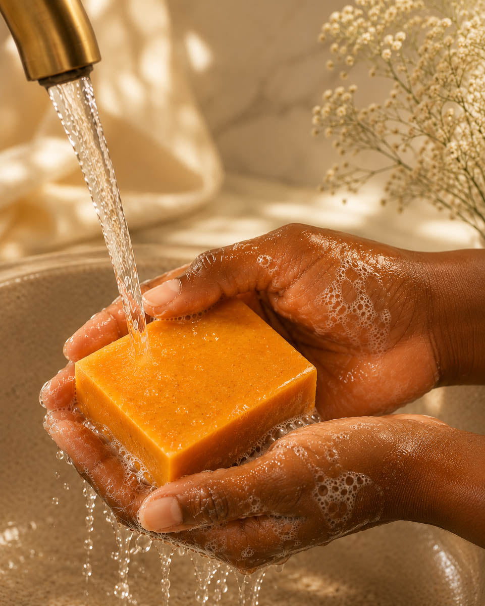 Hand holding a bar of soap under running water with a soft focus background