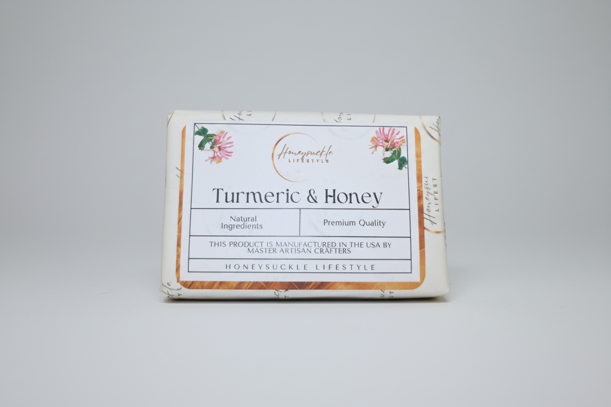 Turmeric Soap wrapped in cream colored signature wrapping paper