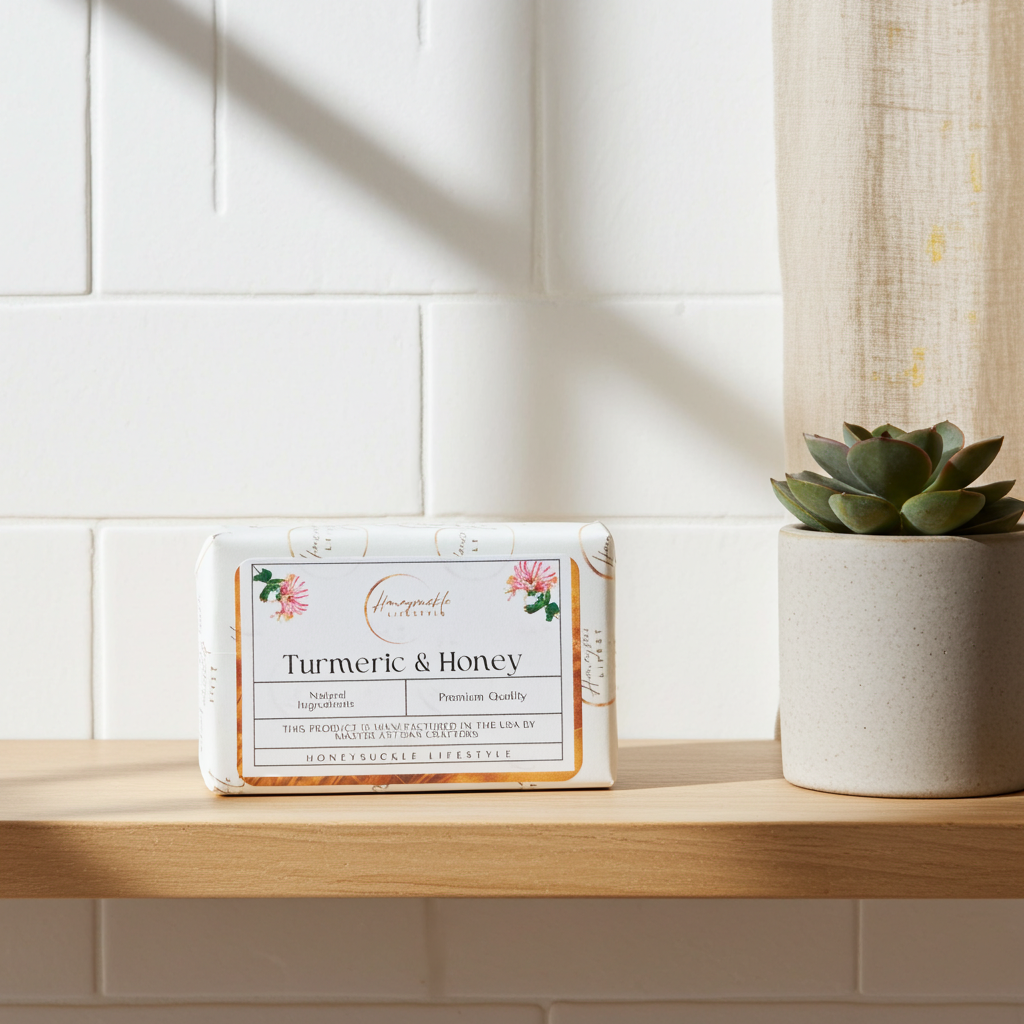 Bar of soap labeled 'Turmeric & Honey' on a wooden surface with a plant in the background.