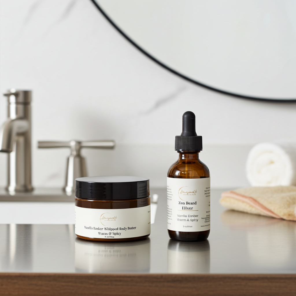 Cosmetic products on a bathroom counter with a mirror in the background