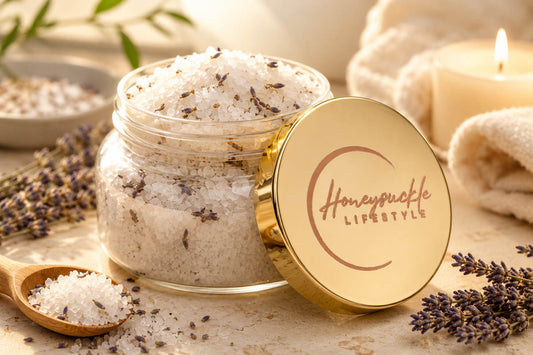 Velvet Lavender Escape Bath Salts by Honeysuckle Lifestyle in a glass jar with a gold lid, displayed on a wooden table with a wood scoop and fresh lavender flowers for relaxation.